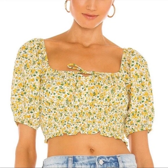 Faithfull The Brand Floral Cropped Blouse Top Yellow Green Flowers Small 4 - Picture 1 of 9